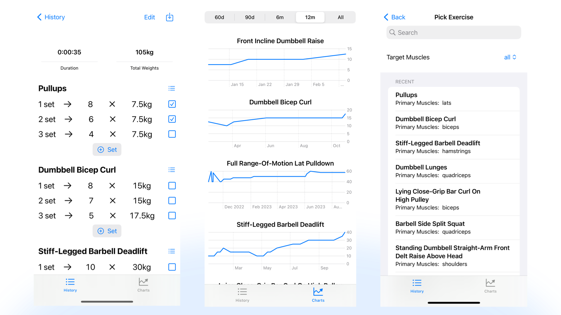 Screenshot of GymTracker App showing Create Workout, diagram and pick exercise